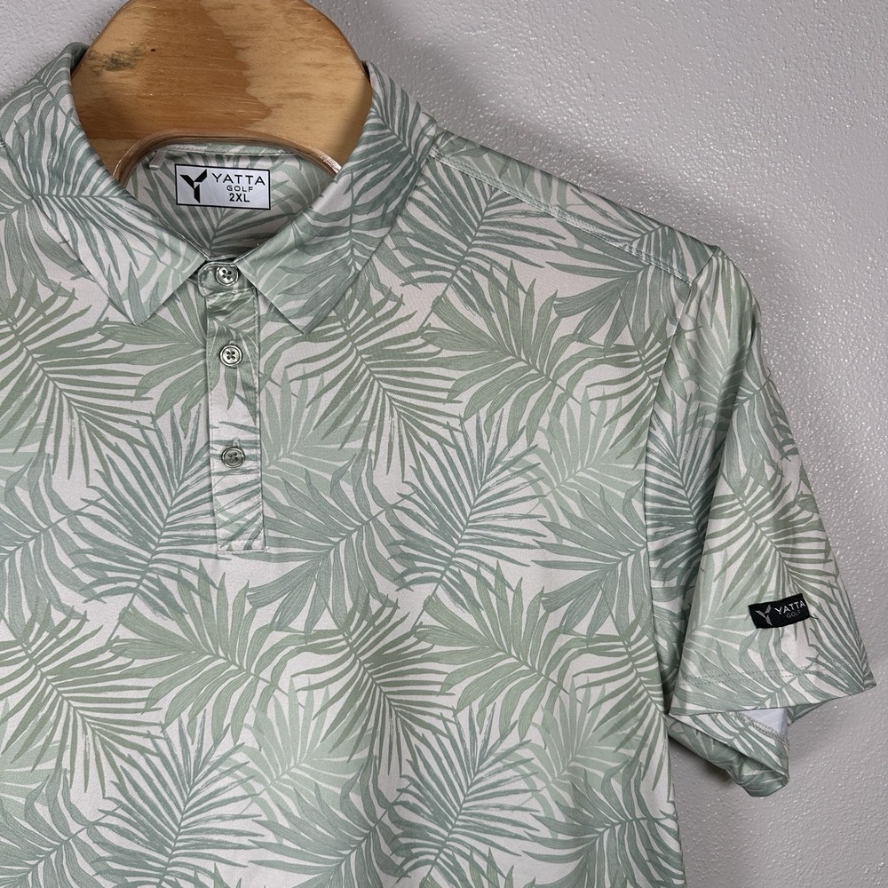 Yatta Golf Green Palm Tropical Print Polo Shirt Mens Sz 2XL Performance Stretch